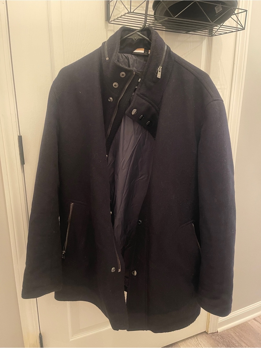 Boss Navy Pea Coat with Stand Collar